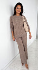 Ovela Oversized Knit Sweater & Wide Leg Pant Set - Mocha Beige
