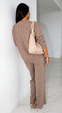 Ovela Oversized Knit Sweater & Wide Leg Pant Set - Mocha Beige