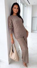 Ovela Oversized Knit Sweater & Wide Leg Pant Set - Mocha Beige