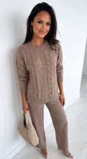 Ovela Oversized Knit Sweater & Wide Leg Pant Set - Mocha Beige