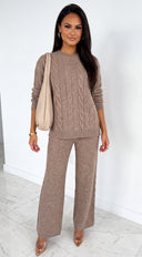 Ovela Oversized Knit Sweater & Wide Leg Pant Set - Mocha Beige