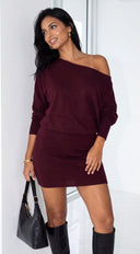 Elana Off Shoulder Sweater Mini Dress - Burgundy