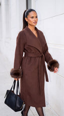 Belmora Fur Cuff Belted Wool Blend Coat - Brown
