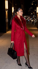 Valoura Fur Collar Belted Coat - Red