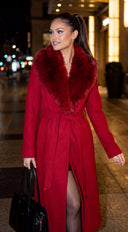 Valoura Fur Collar Belted Coat - Red