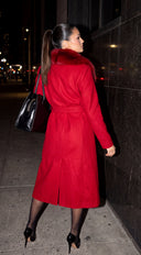 Valoura Fur Collar Belted Coat - Red