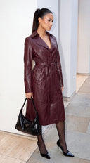 Varelle Faux Leather Belted Coat - Burgundy