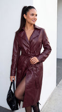 Varelle Faux Leather Belted Coat - Burgundy