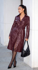 Varelle Faux Leather Belted Coat - Burgundy