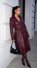 Varelle Faux Leather Belted Coat - Burgundy