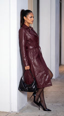 Varelle Faux Leather Belted Coat - Burgundy