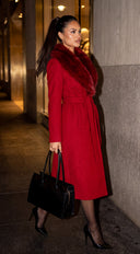 Valoura Fur Collar Belted Coat - Red
