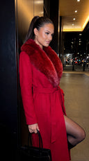 Valoura Fur Collar Belted Coat - Red