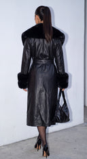 Ravessa Long Faux Leather Fur Trim Coat - Black