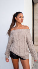 Avelora Off Shoulder Cable Knit Sweater - Beige