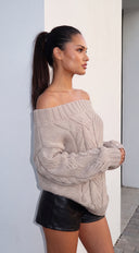 Avelora Off Shoulder Cable Knit Sweater - Beige