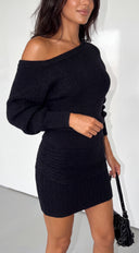 Nuvessa Off Shoulder Sweater & Mini Skirt Set - Black
