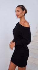 Nuvessa Off Shoulder Sweater & Mini Skirt Set - Black