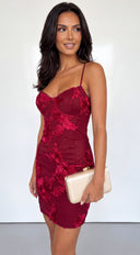 Zeraya 3D Floral Mesh Mini Dress - Burgundy