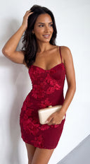 Zeraya 3D Floral Mesh Mini Dress - Burgundy