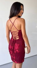 Zeraya 3D Floral Mesh Mini Dress - Burgundy