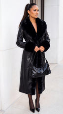 Ravessa Long Faux Leather Fur Trim Coat - Black