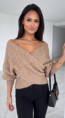 Mirevane Wrap Front Off Shoulder Sweater - Latte Beige
