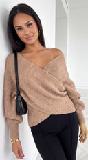Mirevane Wrap Front Off Shoulder Sweater - Latte Beige