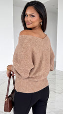 Mirevane Wrap Front Off Shoulder Sweater - Latte Beige