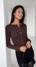 Avira Ribbed Boat Neck Cardigan - Brown