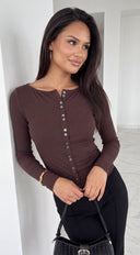 Avira Ribbed Boat Neck Cardigan - Brown