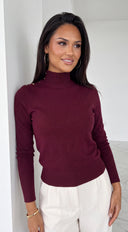 Valora Mock Neck Button Sweater Top - Wine