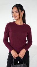 Tavelle Gold Button Shoulder Knit Sweater - Burgundy