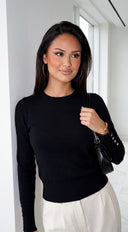 Elvara Gold Button Crewneck Knit Sweater - Black