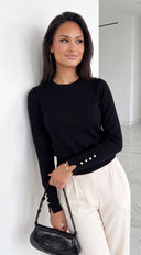 Elvara Gold Button Crewneck Knit Sweater - Black