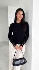 Elvara Gold Button Crewneck Knit Sweater - Black
