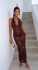 Fiorella Halter Embellished Maxi Dress - Brown