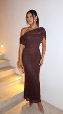 Evarenne One Shoulder Lace Maxi Dress - Chocolate
