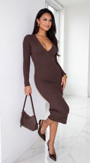 Zevra Snatched Ribbed V-Neck Midi Dress - Brown