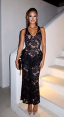 Elvarenne Lace Peplum Maxi Dress - Black