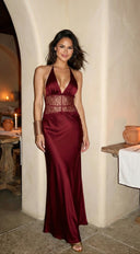 Ravena Lace Satin Detail Halter Maxi Dress in Red full length front view on model