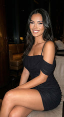 Milan After Hours Mesh Mini Dress in Black close-up of neckline and shoulder detail