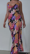 Anastasia Purple Multi Color Floral Print Cowl Neck Satin Maxi Dress