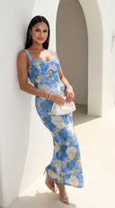 Azurae Floral Maxi Dress in Blue full length three-quarter angle