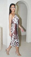Rhodes One Shoulder Satin Midi Dress in Brown Blue side profile view on model