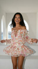 Cyrene Floral Off-Shoulder Mini Dress in Shoulder Mini Dress - Floral Pink styled outfit flat lay