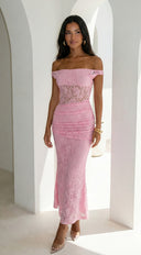 Roselune Lace Off Shoulder Dress in Pink back hemline and length on model