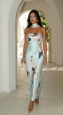 Elysira Reverse Halter Floral Satin Maxi Dress - Mint Blue