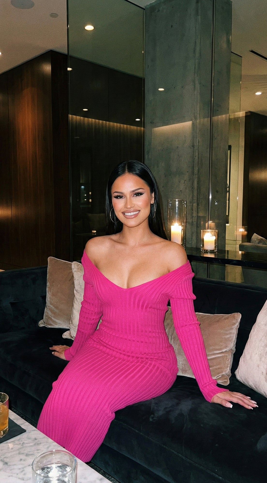 Lio Off Shoulder Ribbed Midi Dress - Pink