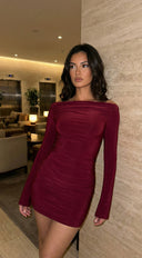 Viona Long Sleeve Mini Dress - Burgundy Red
